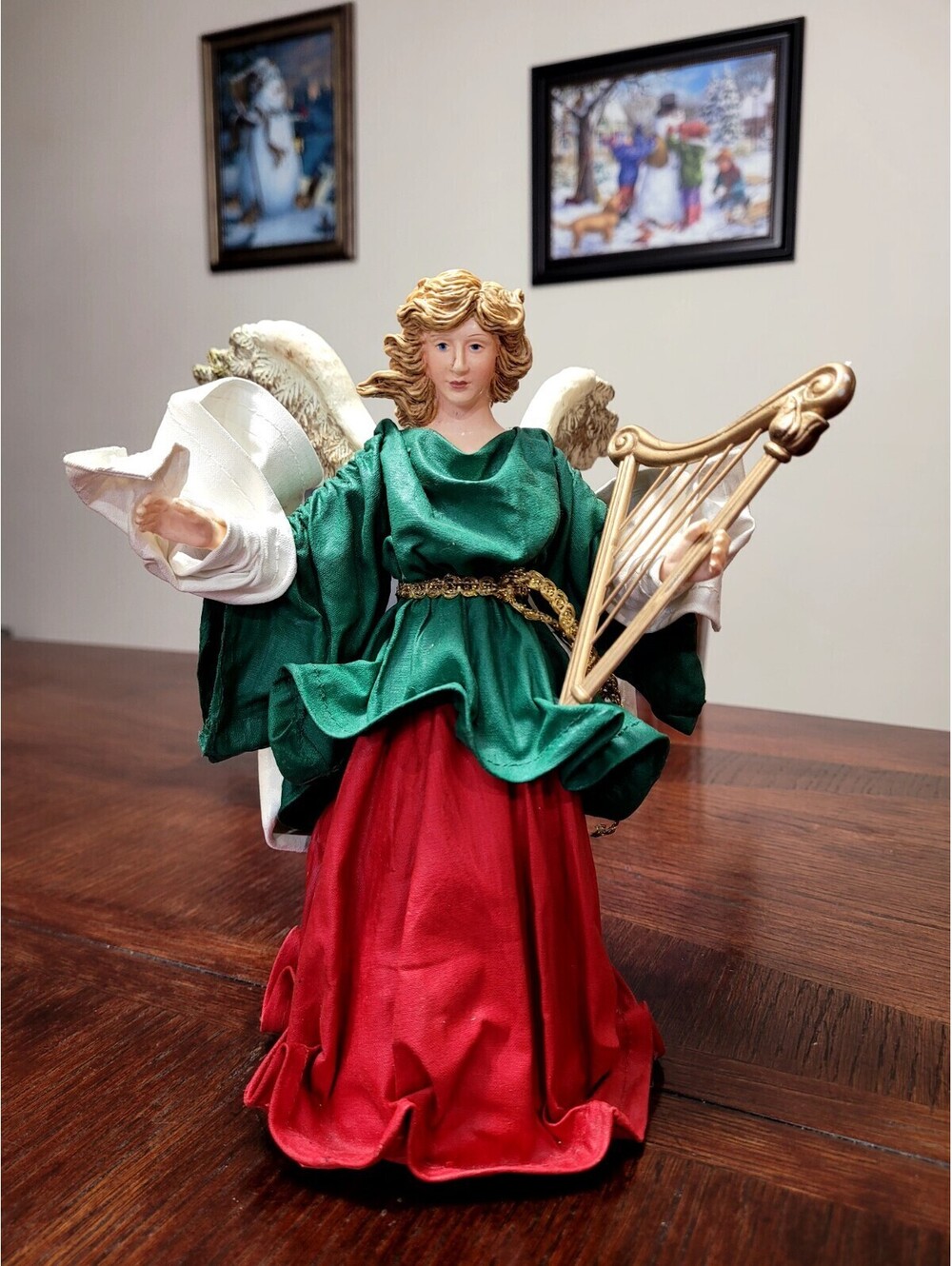 VTG Christmas Tree Topper Angel With Beautiful Wings Red Green Gold Decorations